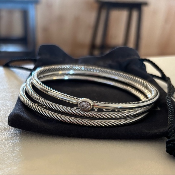 David Yurman Sterling Silver Confetti Diamond Cable Bangle Set - Picture 2 of 9